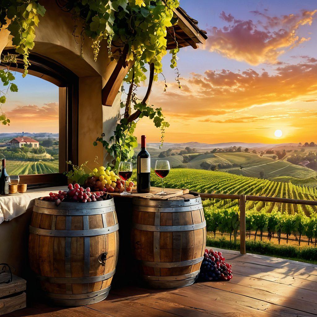 A picturesque vineyard landscape under a golden sunset, featuring a rustic wine barrel, glasses of red and white wine elegantly placed on a wooden table, surrounded by lush grapevines. In the background, a charming luxury accommodation with a balcony overlooks the vineyard and rolling hills. Soft, warm lighting enhances the inviting atmosphere. painting. vibrant colors. romantic ambiance.