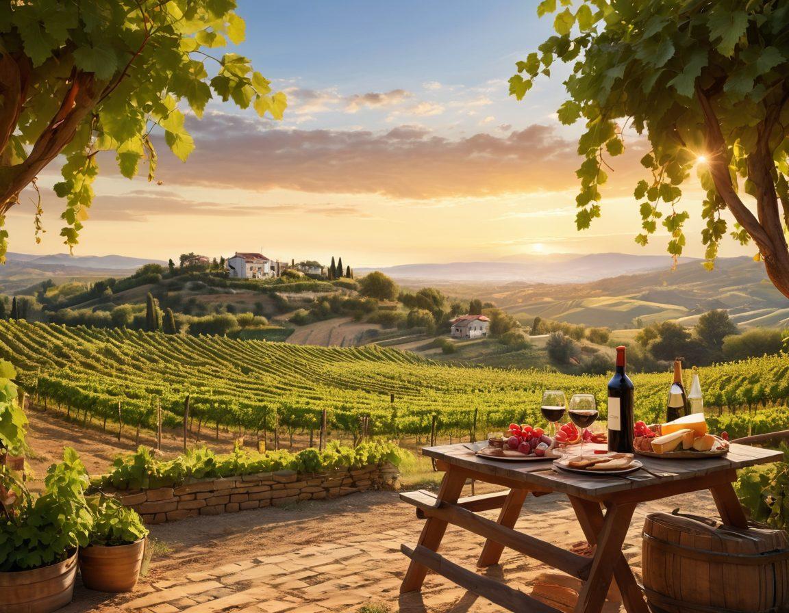 A picturesque vineyard landscape at sunset, showcasing rows of grapevines ripening in golden light. Include elegant wine bottles, glasses filled with red wine, and a rustic wooden picnic setup. Add a luxury villa perched on a hill with a breathtaking view of the vineyard. Create an inviting atmosphere with soft, warm colors and lush greenery. super-realistic. vibrant colors.