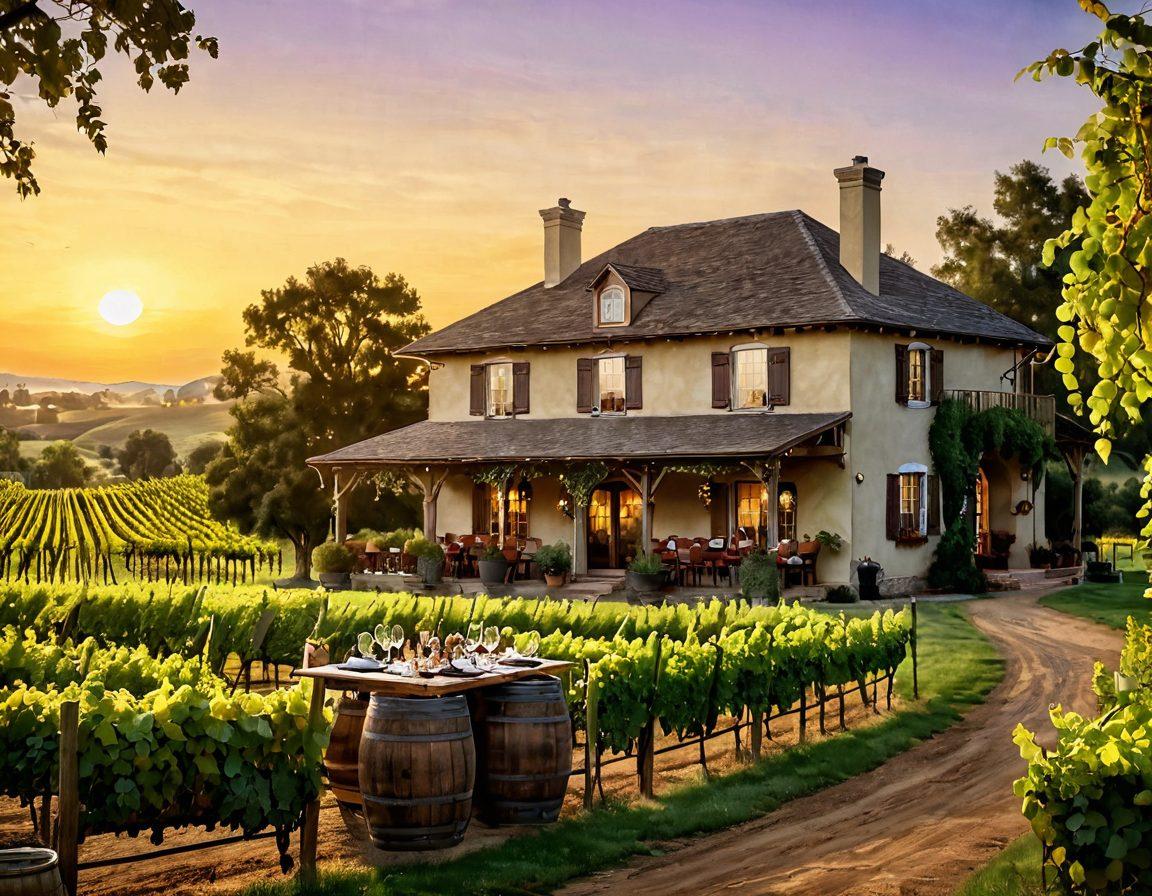 A picturesque vineyard landscape with lush grapevines under a golden sunset, featuring a rustic guest house in the foreground adorned with wine barrels and a welcoming porch. A dining table set up outdoors with elegant wine glasses, gourmet dishes, and a scenic view of the vineyard. Soft lighting creating a warm and inviting atmosphere, perfect for an unforgettable wine experience. painting. vibrant colors. idyllic countryside.